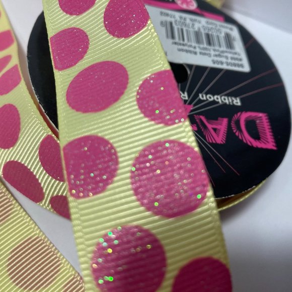 Pink Yellow Ribbed Ribbon Glitter Dots - Picture 2 of 14